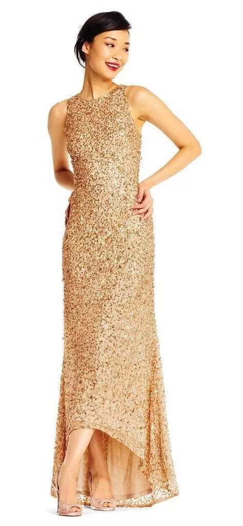 Adrianna Papell - High Low Sequin Beaded Sleeveless Gown AP1E201754 - 1 pc Champagne Gold In Size 16 Available