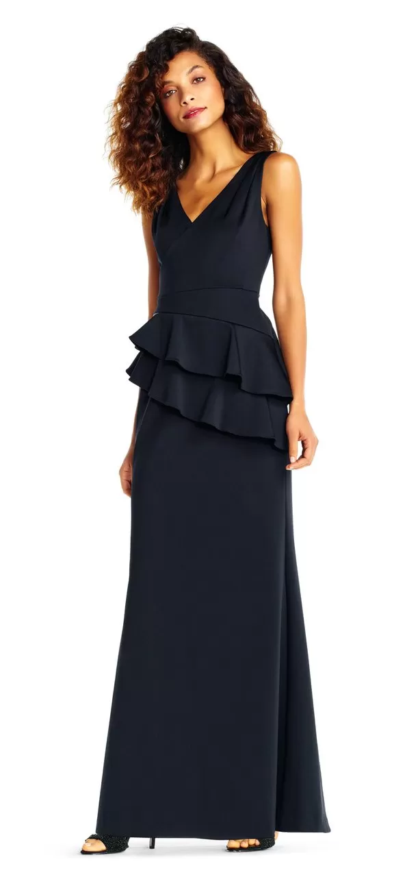 Adrianna Papell - Sleeveless Layered Peplum Gown AP1E202233 - 1 pc Black in Size 10 Available