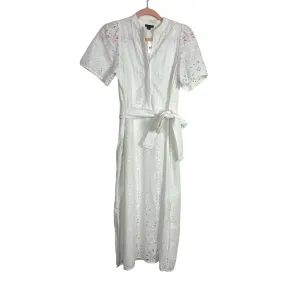 Ann Taylor White Lined Eyelet Hidden Button Belted Slit Dress NWT- Size S (see notes, sold out online)