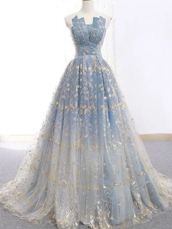 Ball Gown Blue Prom Dress with Delicate Gold Leaf Lace