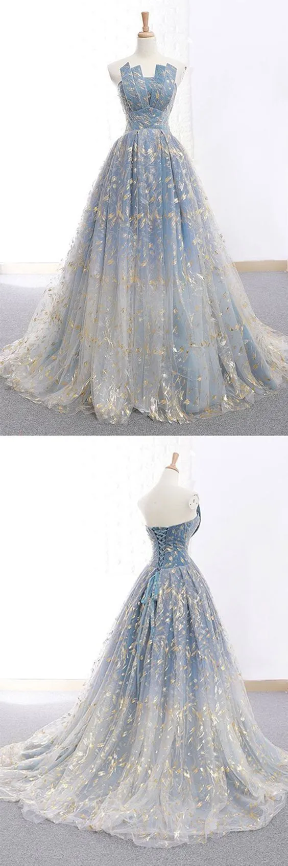 Ball Gown Blue Prom Dress with Delicate Gold Leaf Lace