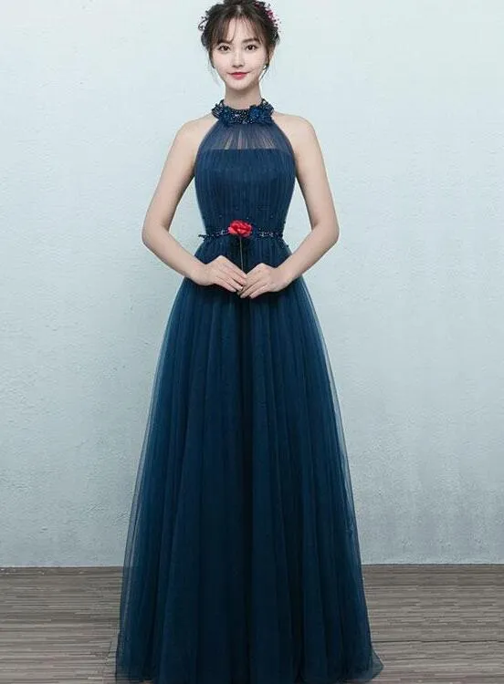 Beautiful Navy Blue Halter Tulle Prom Dress , Blue Long Formal Gown