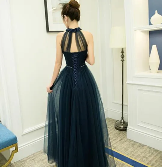 Beautiful Navy Blue Halter Tulle Prom Dress , Blue Long Formal Gown