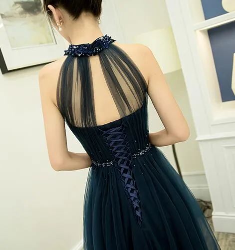 Beautiful Navy Blue Halter Tulle Prom Dress , Blue Long Formal Gown