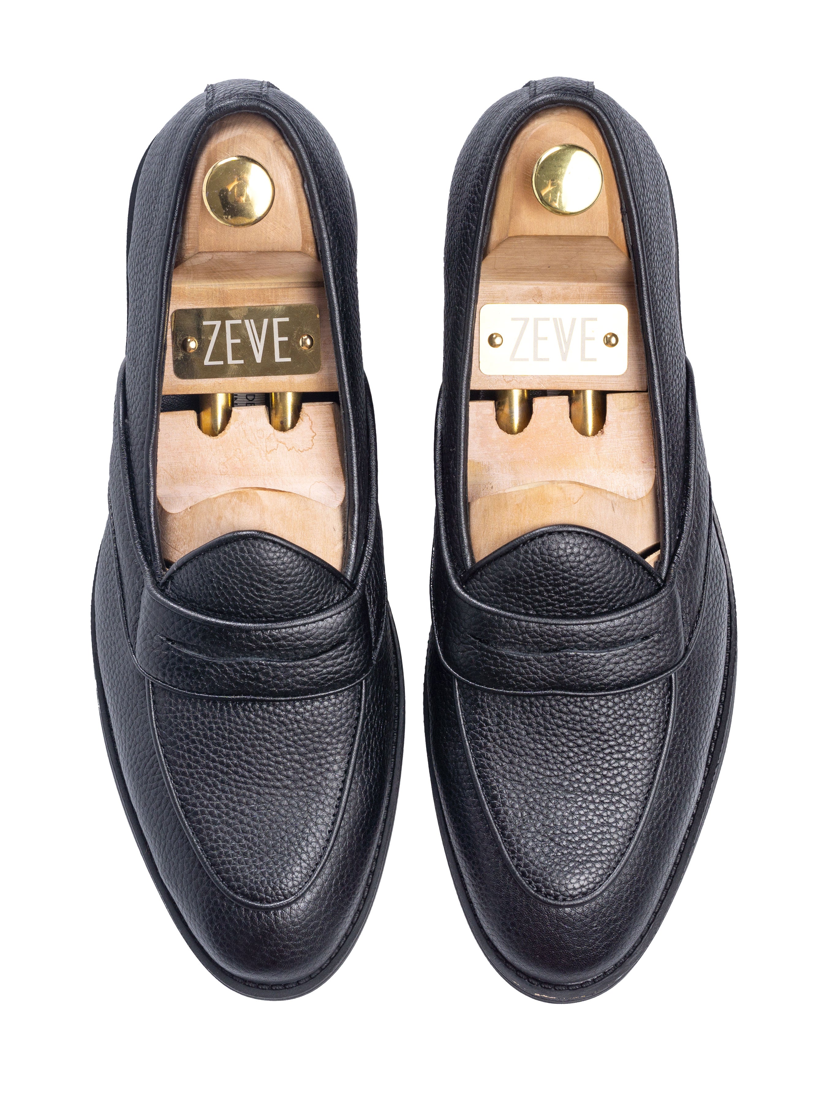 Belgian Loafer with Penny - Black Pebble Grain Leather (Flexi-Sole)