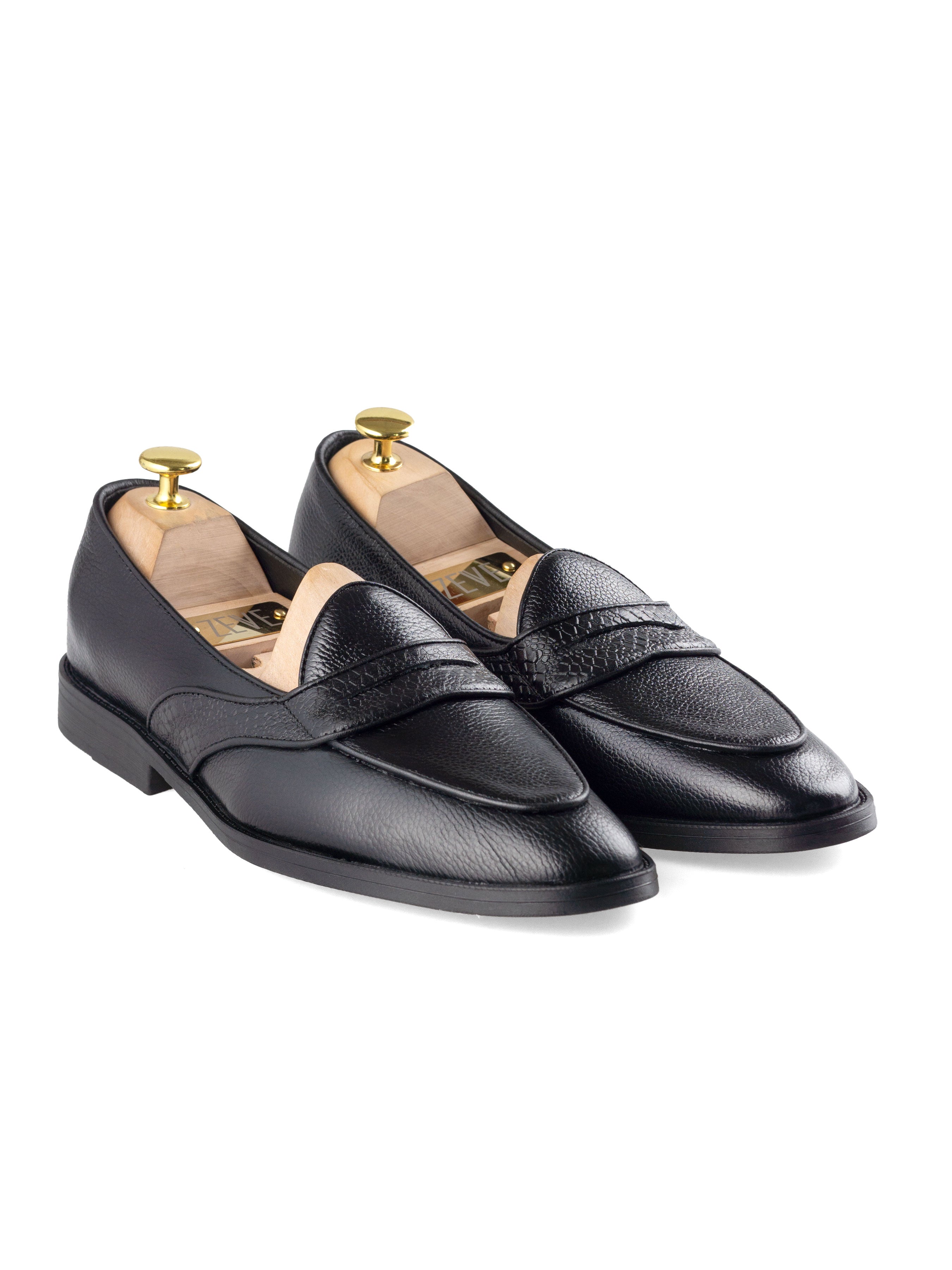 Belgian Loafer with Penny - Black Pebble Grain Leather (Phyton Embossed Strap)