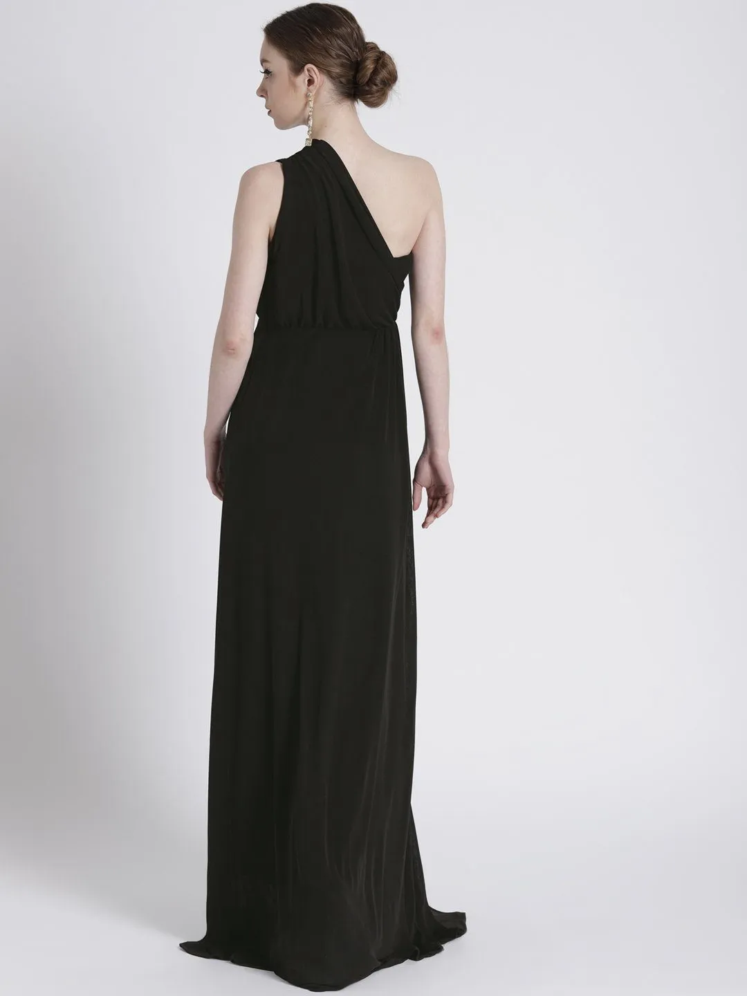 BLACK ONE SHOULDER GOWN WITH WAIST EMBELLISHMENT