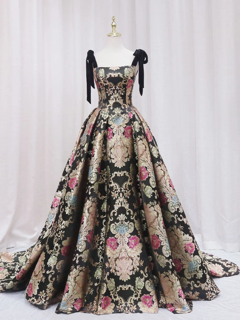 Black Printed Ball Gown Formal Dress with Tied Straps