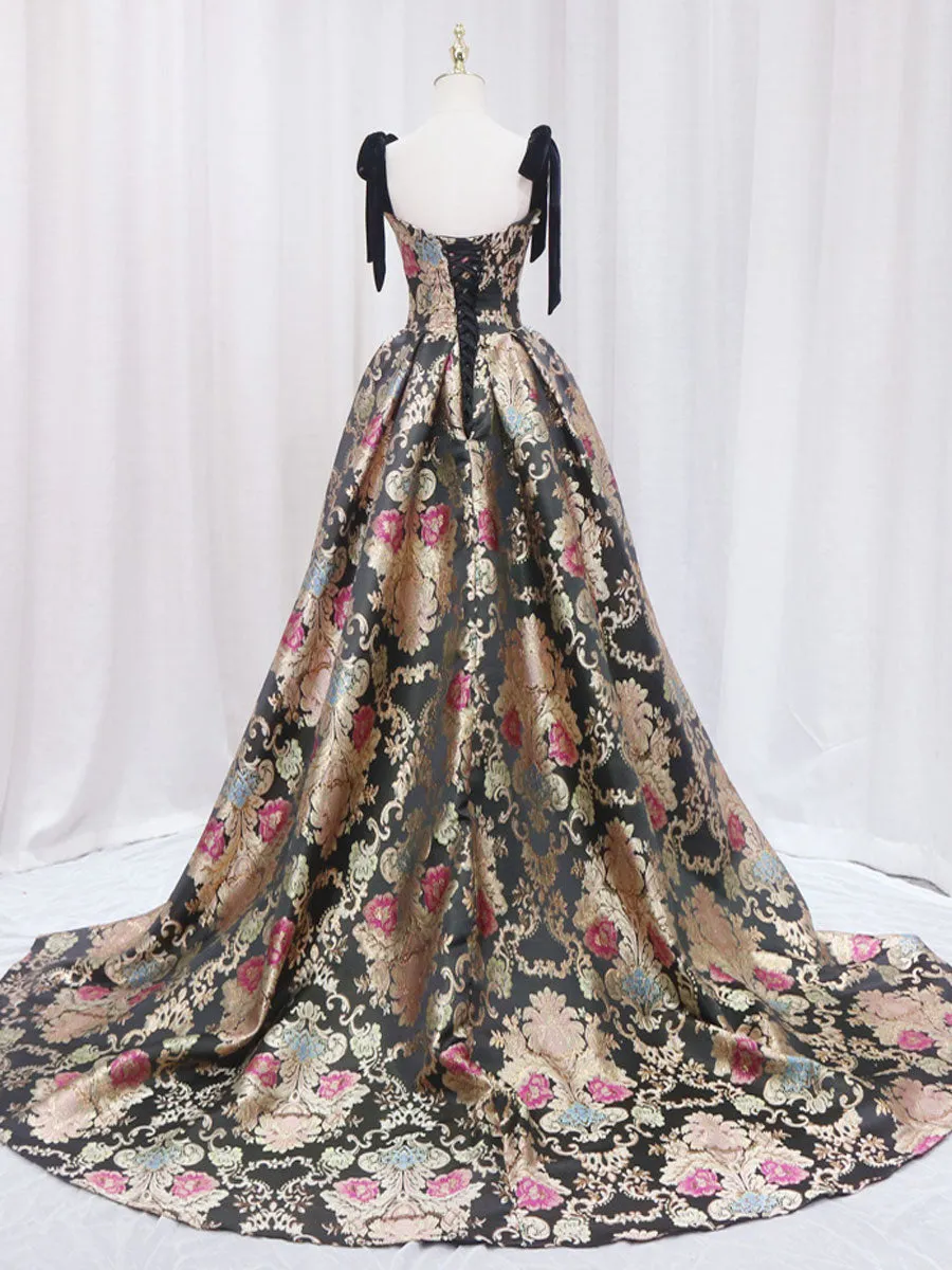 Black Printed Ball Gown Formal Dress with Tied Straps