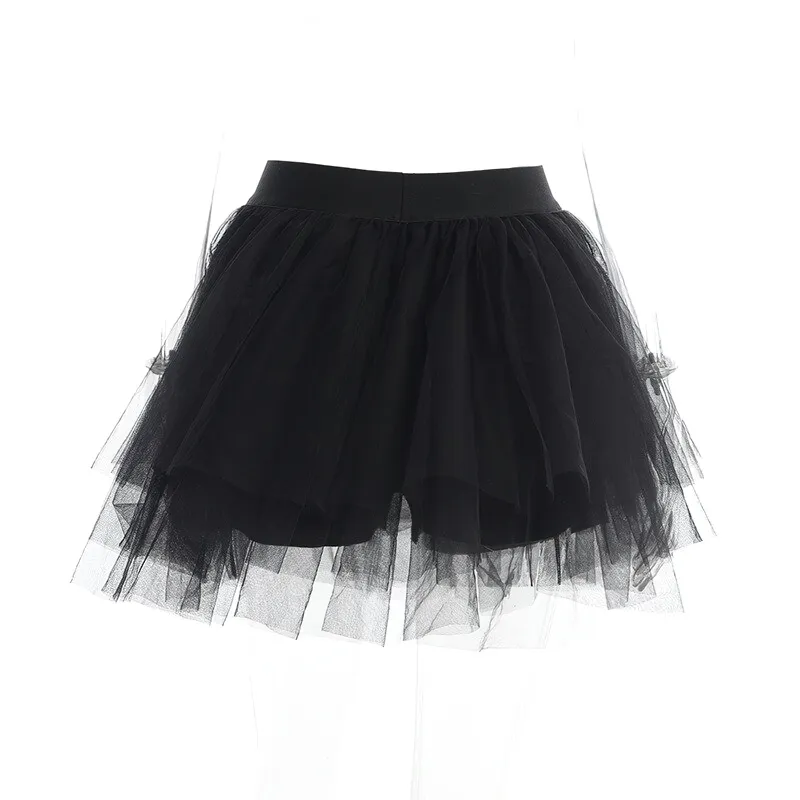 Black Stylish Mesh Ball Gown Mini Skirt For Women / Gothic Streetwear With High Waist