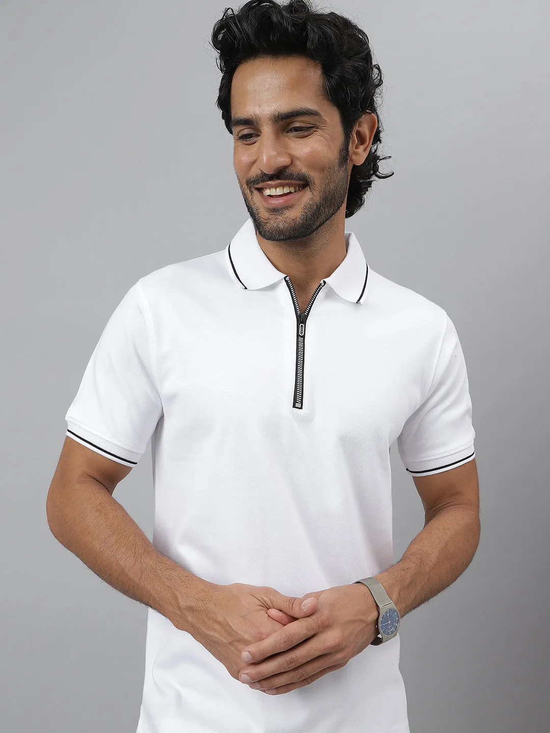 Black Tipping Polo Collar Pure Cotton White T-shirt- Diverge