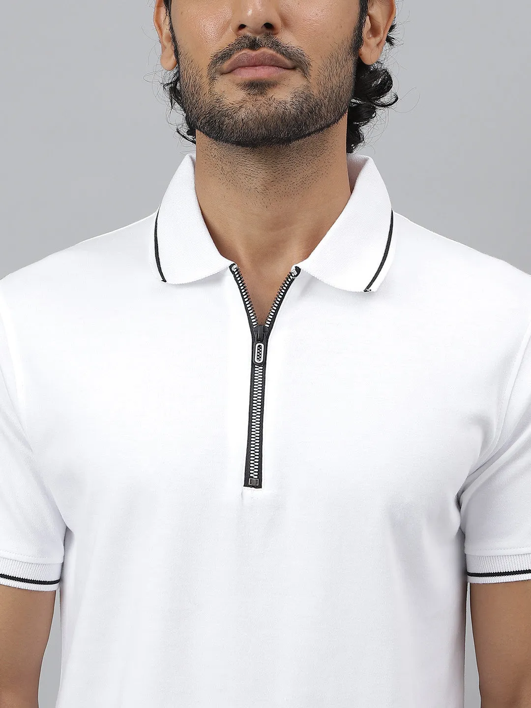 Black Tipping Polo Collar Pure Cotton White T-shirt- Diverge