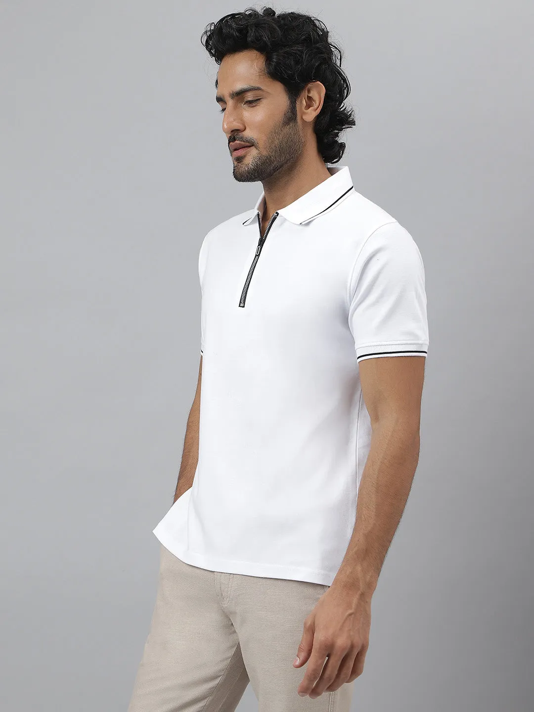 Black Tipping Polo Collar Pure Cotton White T-shirt- Diverge