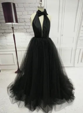 Black Tulle Stylish Long Prom Gown, Beautiful Backless Sexy Evening Party Dress