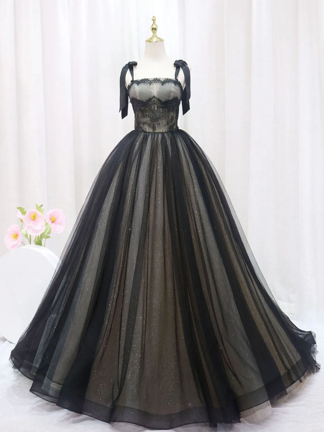 Black Wide Straps Ball Gown Prom Dress Sweet 16 Dress