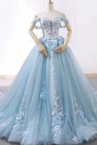 Blue Ball Gown Delicate Florals Prom Gown Long Tulle Prom Dress with Chapel Train