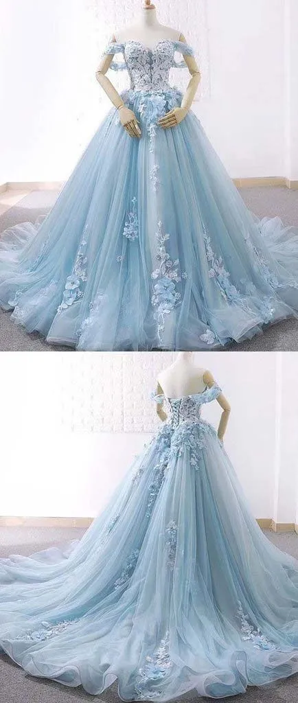 Blue Ball Gown Delicate Florals Prom Gown Long Tulle Prom Dress with Chapel Train