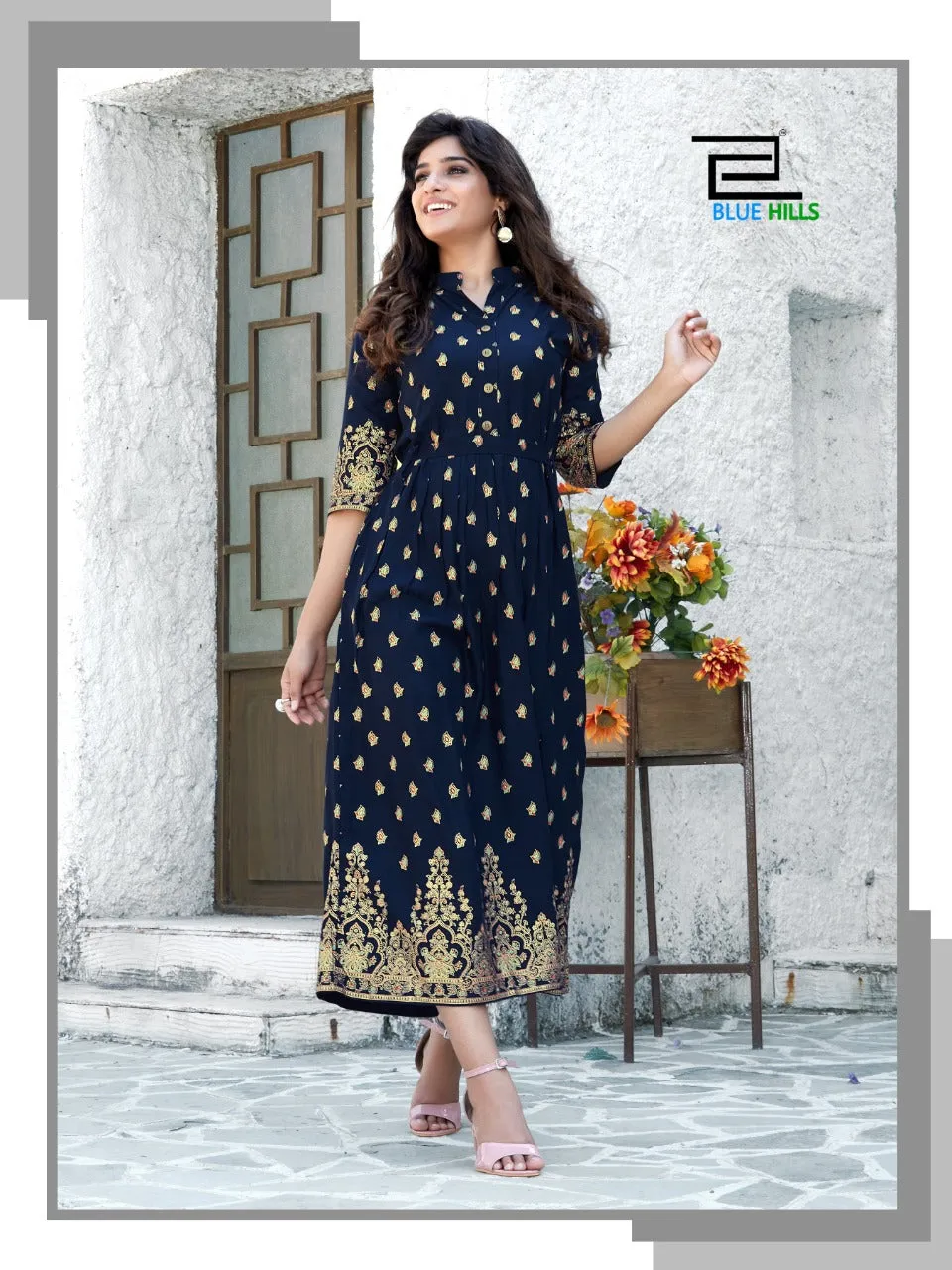 Blue Hills Presents V Desi Rayon Printed Long Gown Type Stylish Designer Kurtis Collection