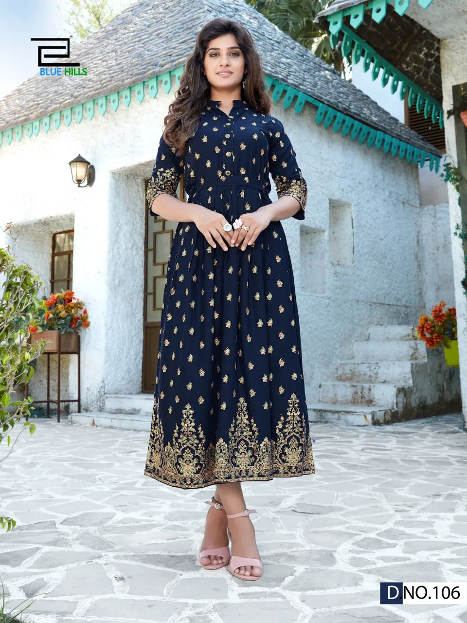 Blue Hills Presents V Desi Rayon Printed Long Gown Type Stylish Designer Kurtis Collection