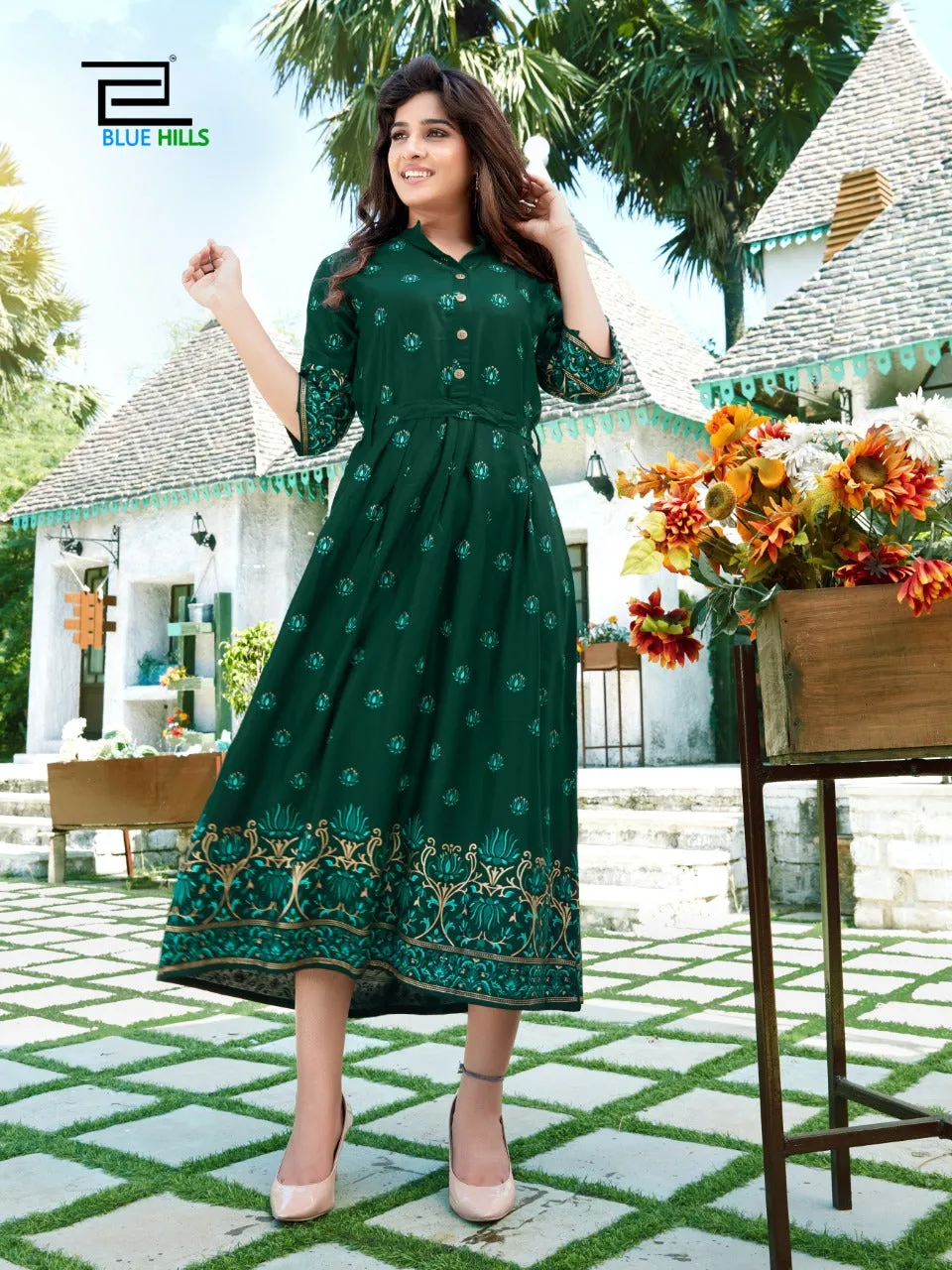 Blue Hills Presents V Desi Rayon Printed Long Gown Type Stylish Designer Kurtis Collection