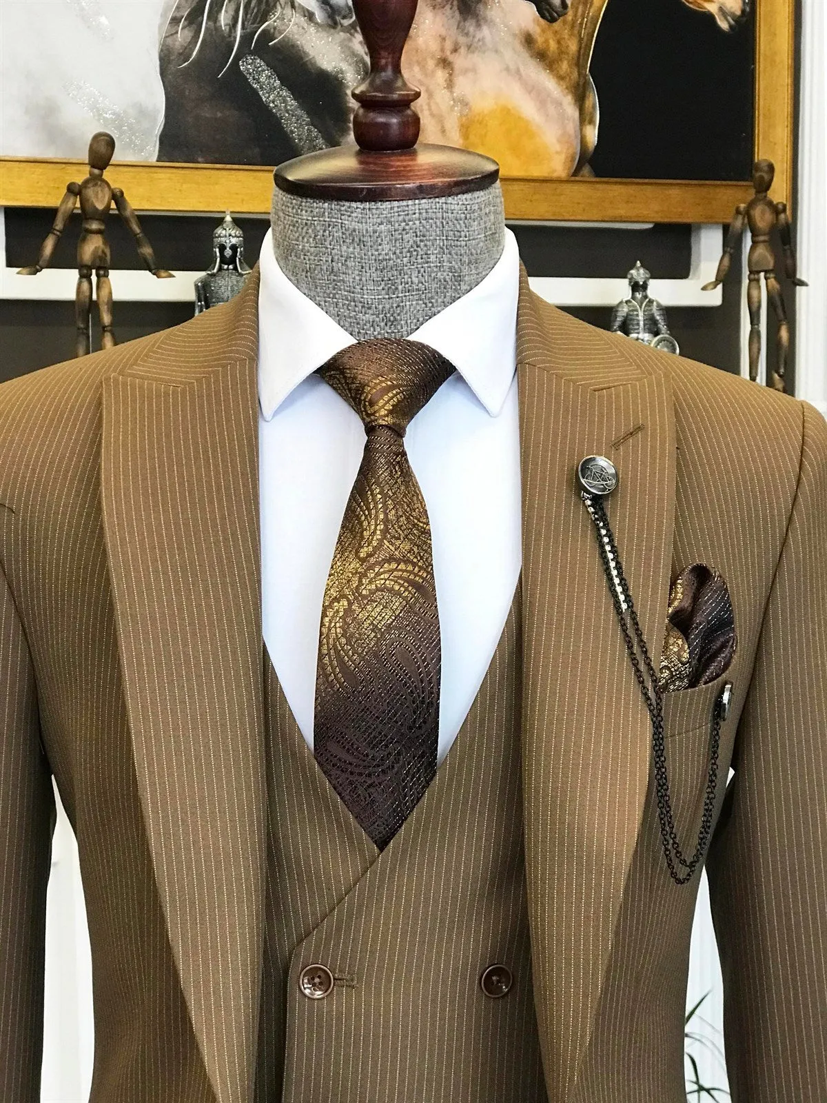 Bojoni Brown Striped Slim-Fit Suit 3-Piece