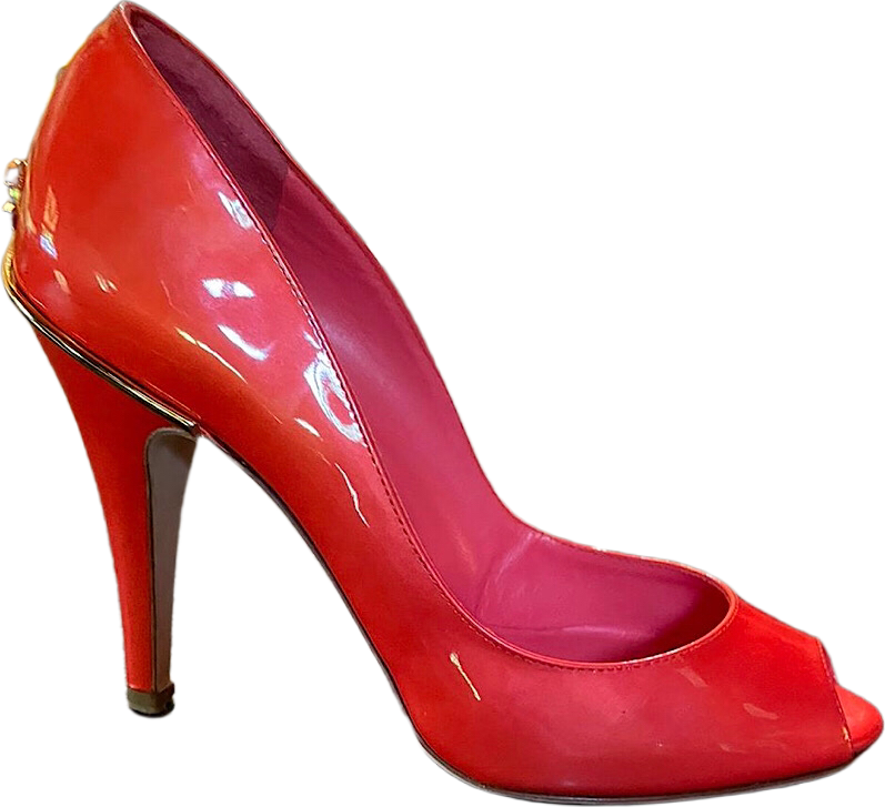 Chanel 08C, 2008 Cruise Patent Leather Orange Peep Toe Pump Heels EU 35.5 US 4.5/5