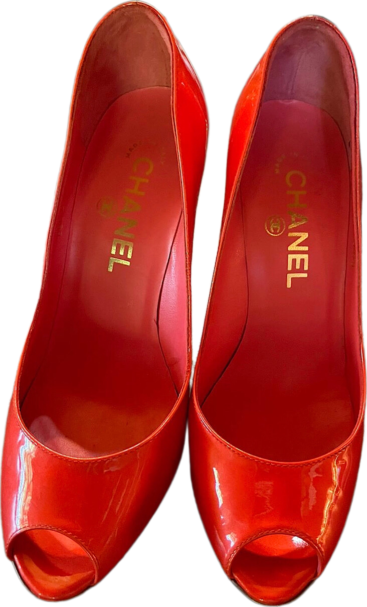 Chanel 08C, 2008 Cruise Patent Leather Orange Peep Toe Pump Heels EU 35.5 US 4.5/5