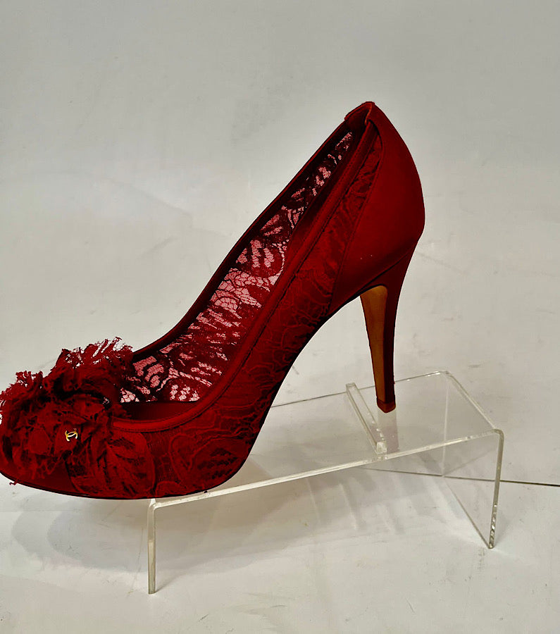 Chanel Light Red Lace Satin Heels EU 39C US 8.5/9