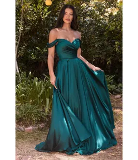 Cinderella Divine Emerald Satin Off The Shoulder Bridesmaid Gown