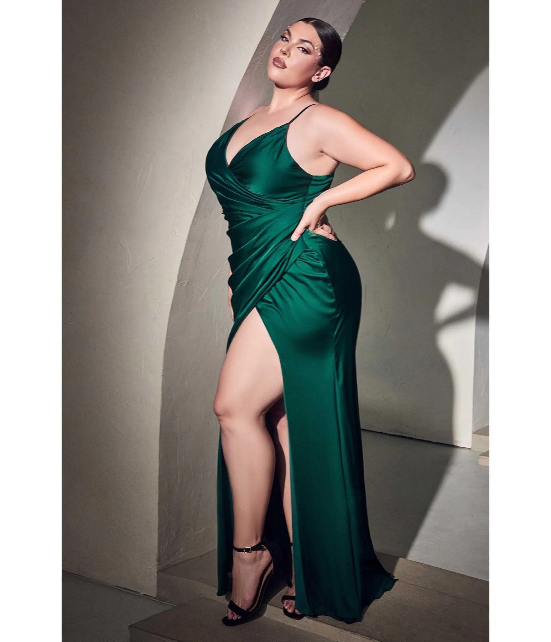 Cinderella Divine  Plus Size Emerald Ruched Satin Mystique Bridesmaid Gown