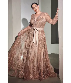 Cinderella Divine Plus Size Rose Gold Long Sleeve Prom Gown