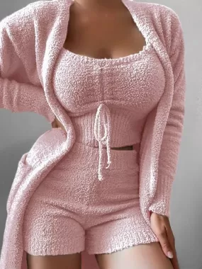 Cozy White and Pink 3-Piece Loungewear Robes Gown Sets for Autumn and Winter