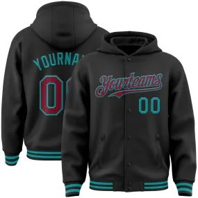 Custom Black Crimson-Teal Bomber Full-Snap Varsity Letterman Hoodie Jacket