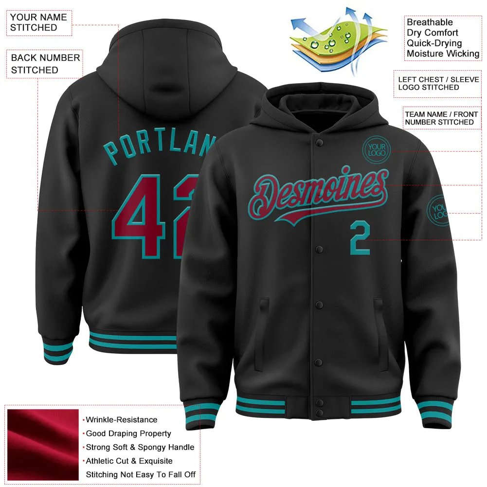 Custom Black Crimson-Teal Bomber Full-Snap Varsity Letterman Hoodie Jacket