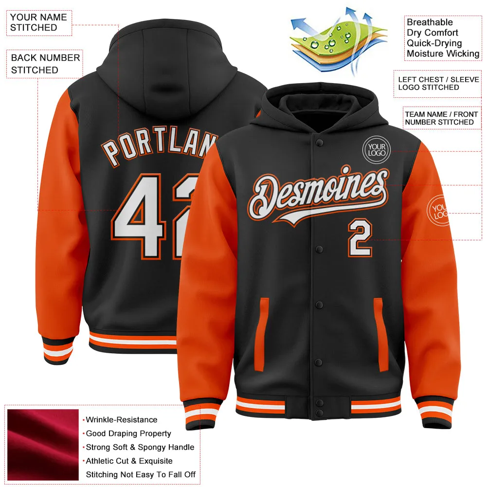 Custom Black White-Orange Bomber Full-Snap Varsity Letterman Two Tone Hoodie Jacket