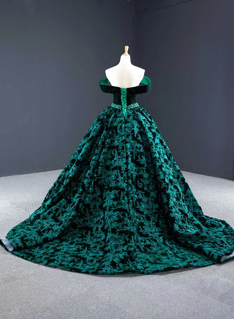 Dark Green Off Shoulder Formal Ball Gown Prom Dress RS210107