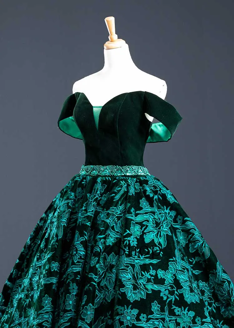 Dark Green Off Shoulder Formal Ball Gown Prom Dress RS210107