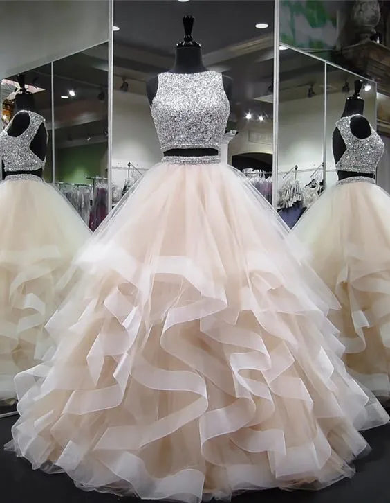 Dazzling Crop Top Princess Ruffles Skirt Two Piece Prom Dress Long Ball Gown