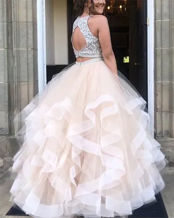 Dazzling Crop Top Princess Ruffles Skirt Two Piece Prom Dress Long Ball Gown