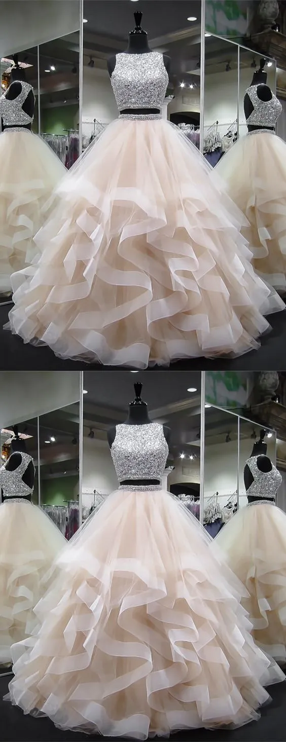 Dazzling Crop Top Princess Ruffles Skirt Two Piece Prom Dress Long Ball Gown