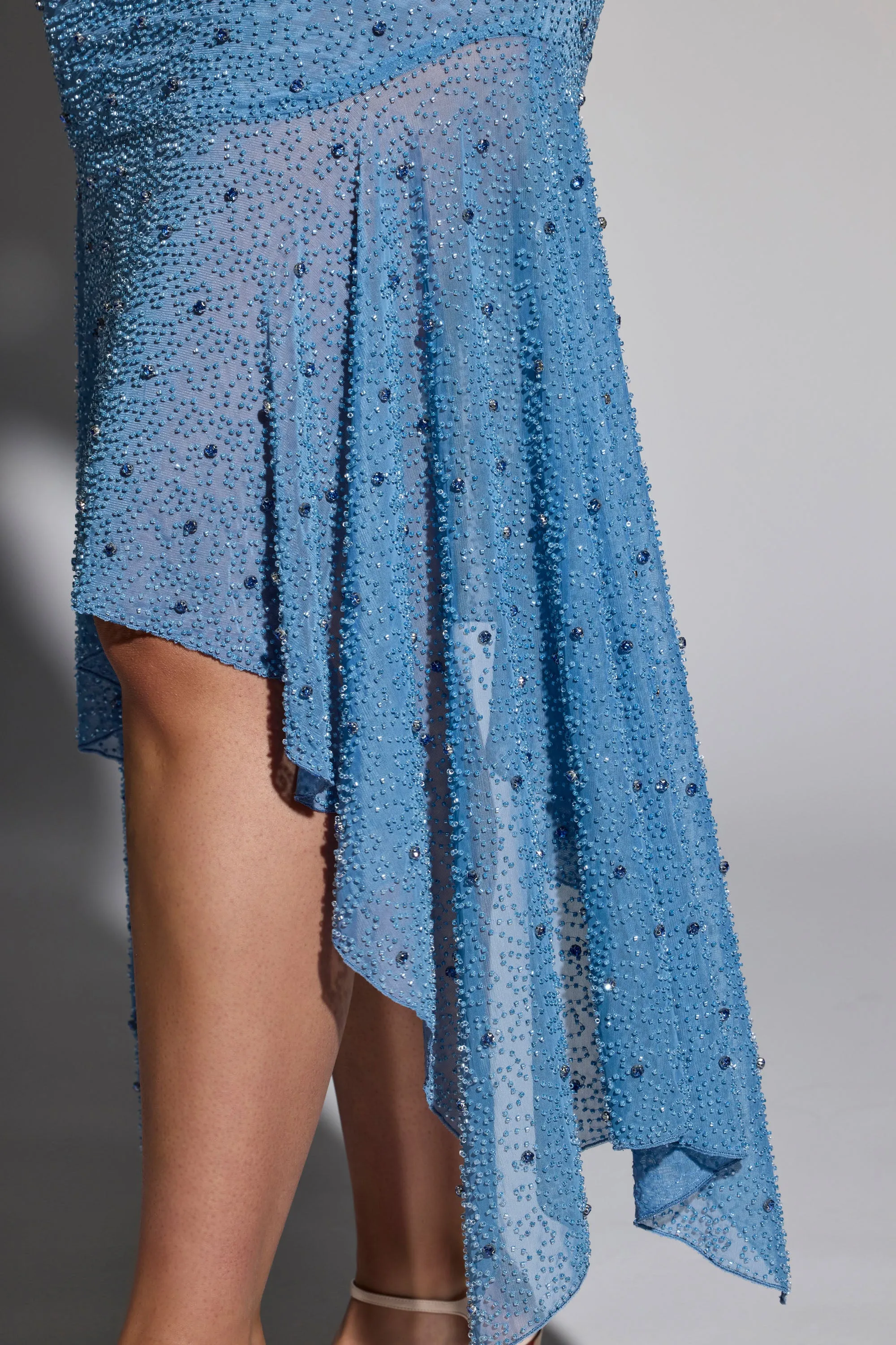 Embellished Handkerchief Hem Gown Skirt in Smokey Blue