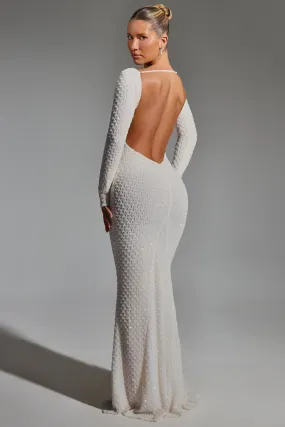 Embellished Open-Back Gown in White