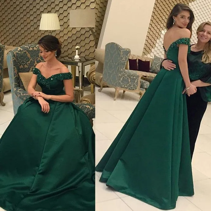 Emerald Green Lace Top Off Shoulders Satin Ball Gown Prom Dress