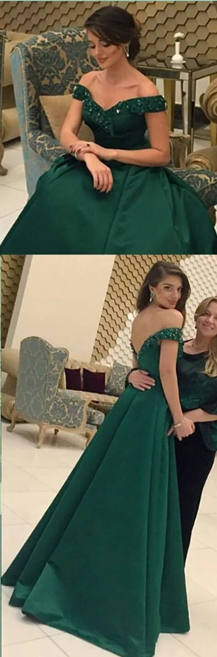 Emerald Green Lace Top Off Shoulders Satin Ball Gown Prom Dress