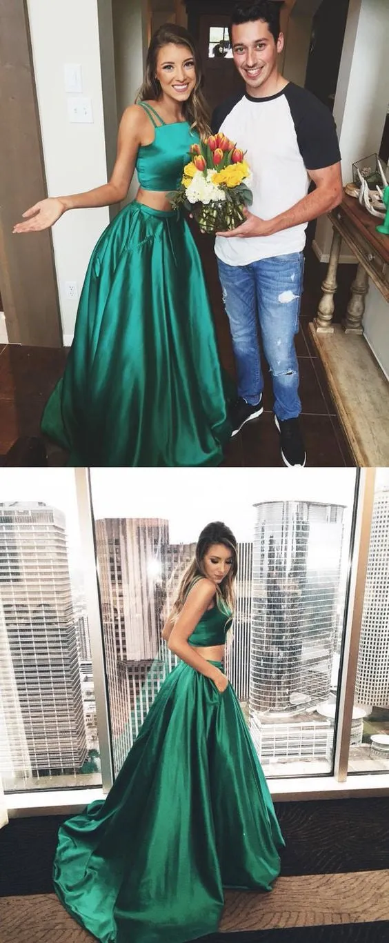 Emerald Green Two Piece Satin Crop Top Ball Gown Prom Dress