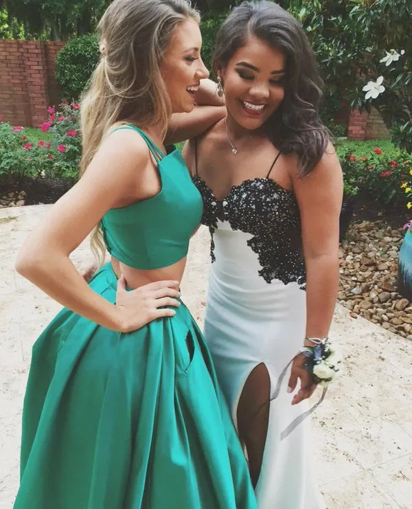 Emerald Green Two Piece Satin Crop Top Ball Gown Prom Dress