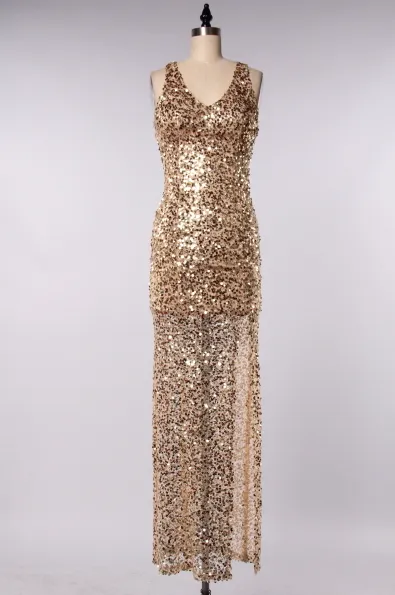 Final Sale - Perfect Party Ball Gown Sequin Maxi Dress in Gold