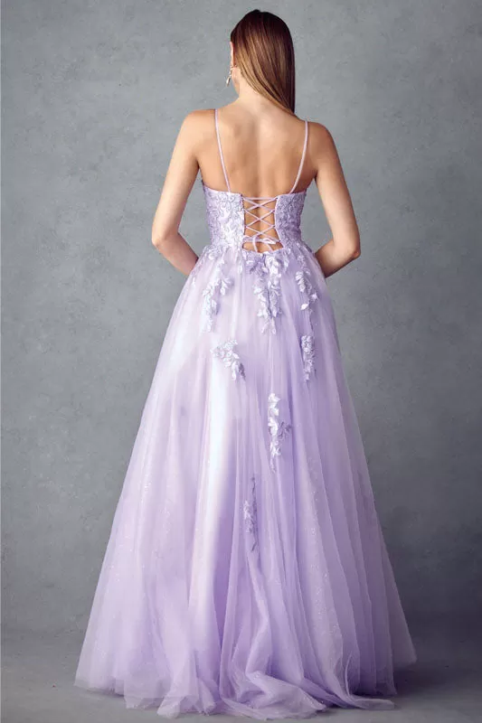 Floral applique tulle prom ball gown