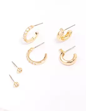 Gold Plated Cubic Zirconia Chunky Hoop Earring 3-Pack