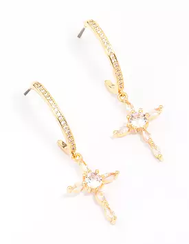 Gold Plated Cubic Zirconia Marquise Cross Drop Earrings